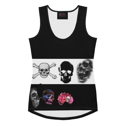 White women's tank top featuring a bold all-over skull and lab experiment print from Eccentric Chemistry's Biker Chic collection.