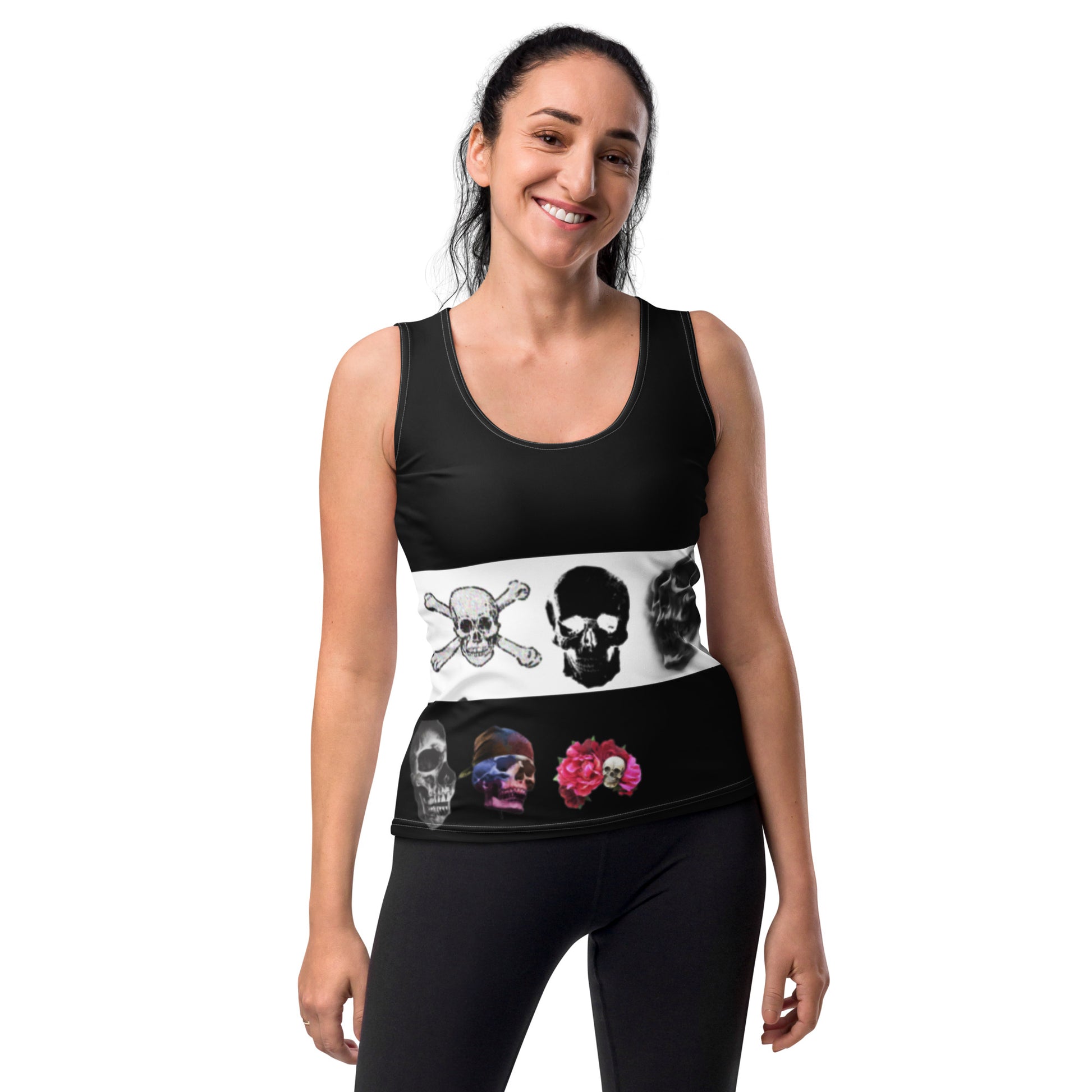 White women's tank top featuring a bold skull design and edgy biker chic style from Eccentric Chemistry's Tiny Shop of T-Shirt Horrors.
