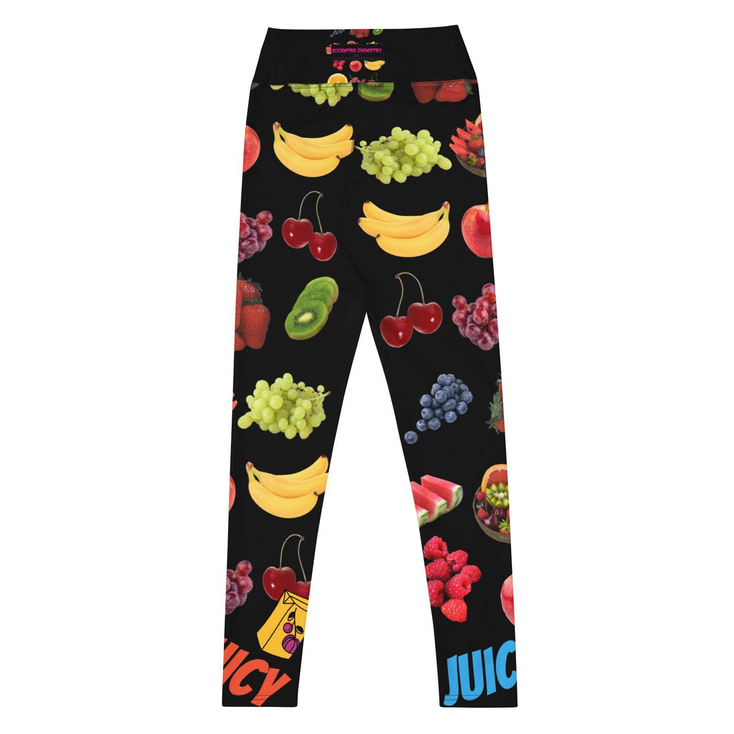 White yoga leggings with colorful all-over print from Juicy Photon Stretch Wear by Eccentric Chemistry's Tiny Shop of T-Shirt Horrors.