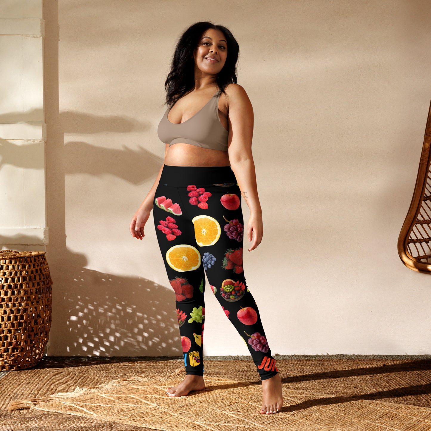 White all-over-print yoga leggings from Juicy Photon Stretch Wear by Eccentric Chemistry, featuring vibrant, abstract design.