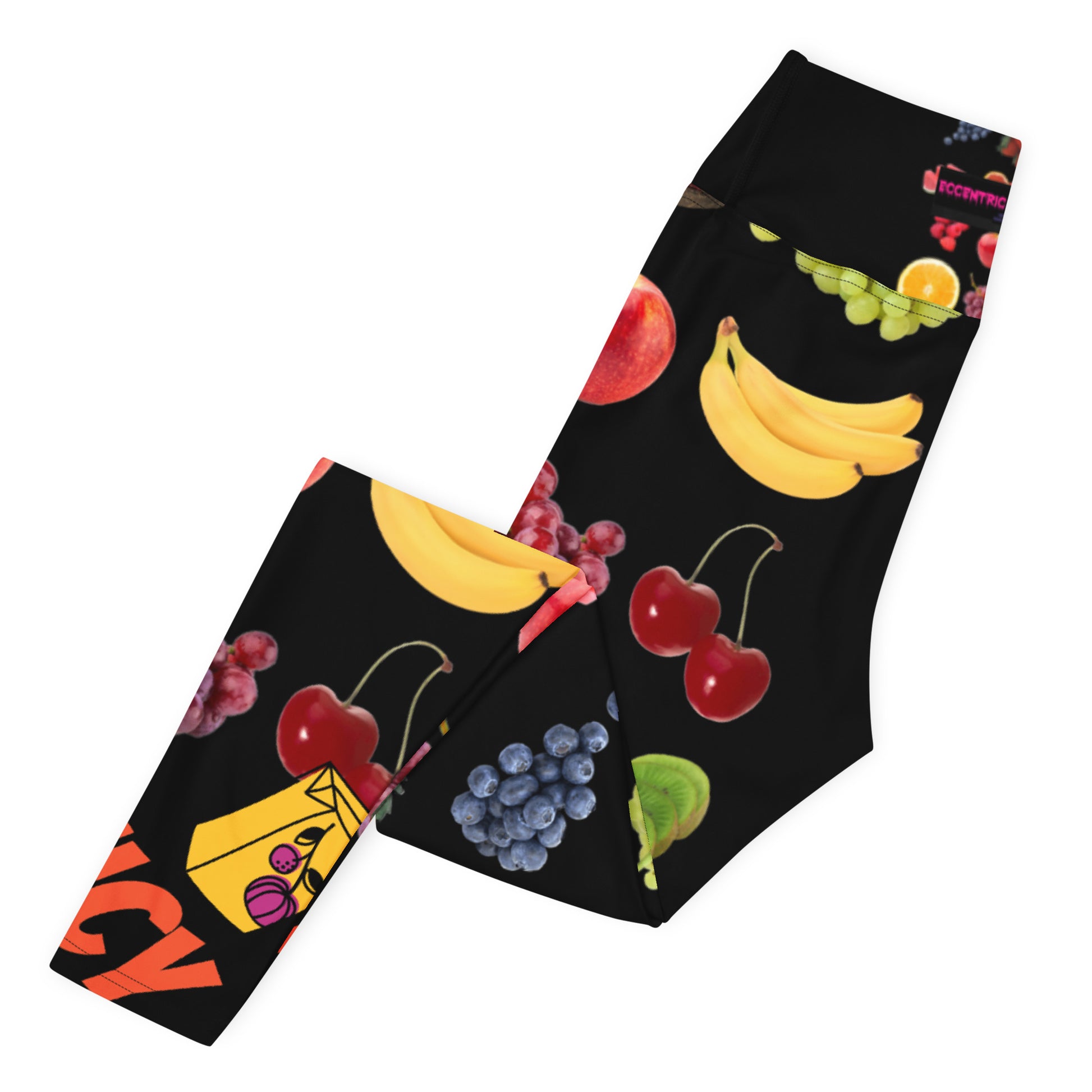Eccentric Chemistry's Juicy Photon stretch yoga leggings with an all-over white print, designed for comfortable active wear.