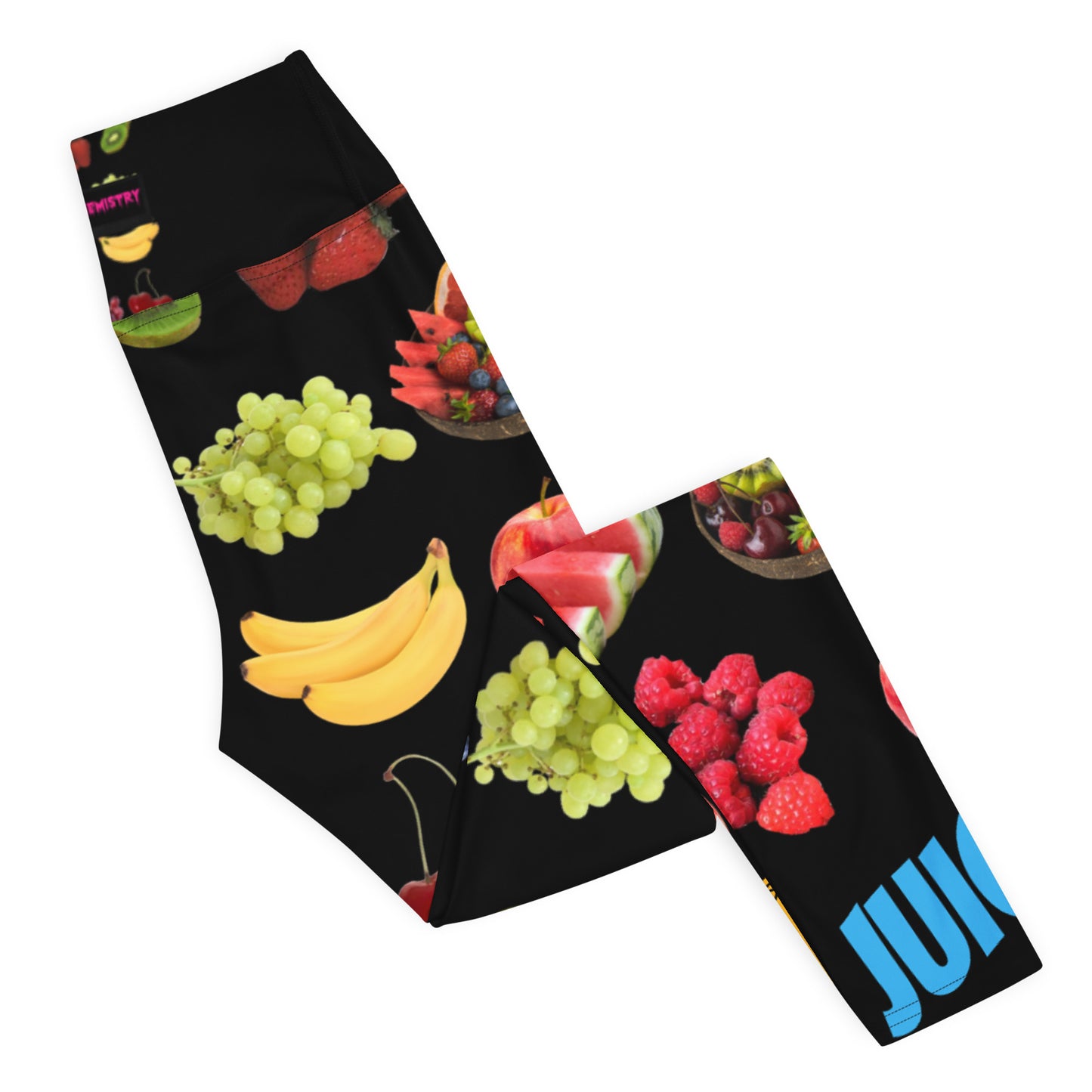 White Juicy Photon Stretch Wear yoga leggings with all-over colorful print, designed for comfortable active wear by Eccentric Chemistry.