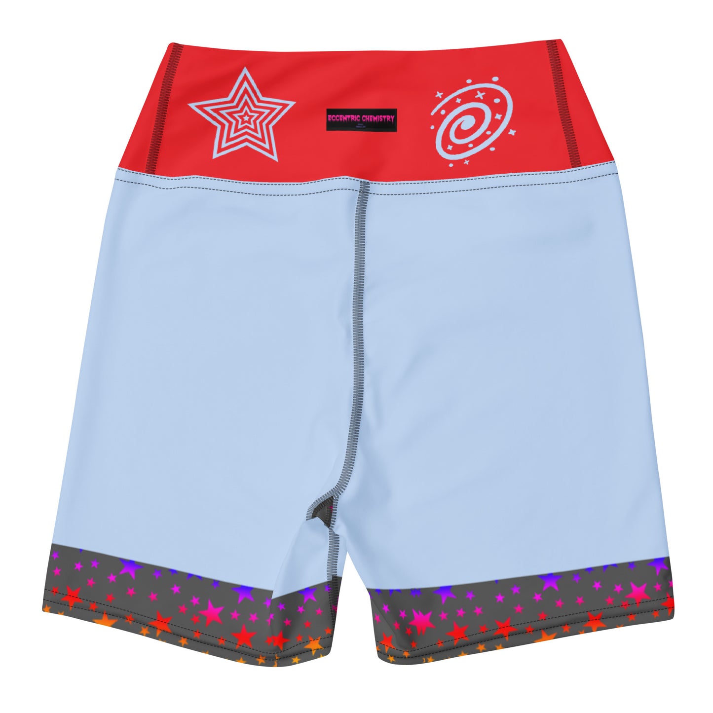 Women's yoga shorts with colorful galaxy print by Eccentric Chemistry, featuring an all-over abstract design on white fabric.