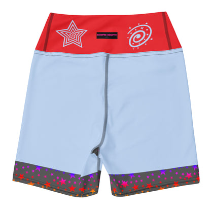 Women's yoga shorts with colorful galaxy print by Eccentric Chemistry, featuring an all-over abstract design on white fabric.
