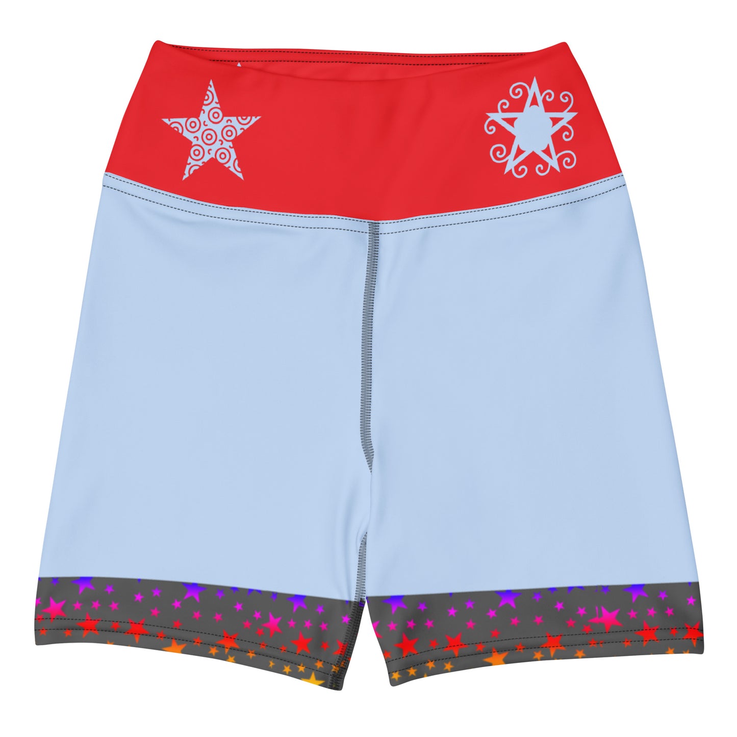 Women's yoga shorts with a colorful galaxy motion print by Eccentric Chemistry, featuring vibrant all-over abstract design.
