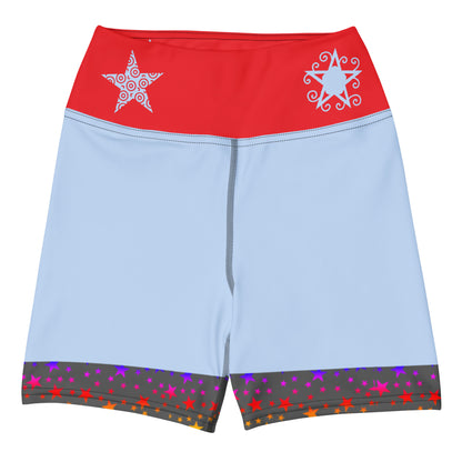 Women's yoga shorts with a colorful galaxy motion print by Eccentric Chemistry, featuring vibrant all-over abstract design.