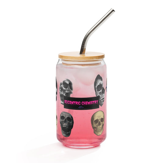 Can-shaped glass skull imprint drinkware with lid and straw, 16 oz, from Eccentric Chemistry’s Laboratory of Strange & Stylish Things