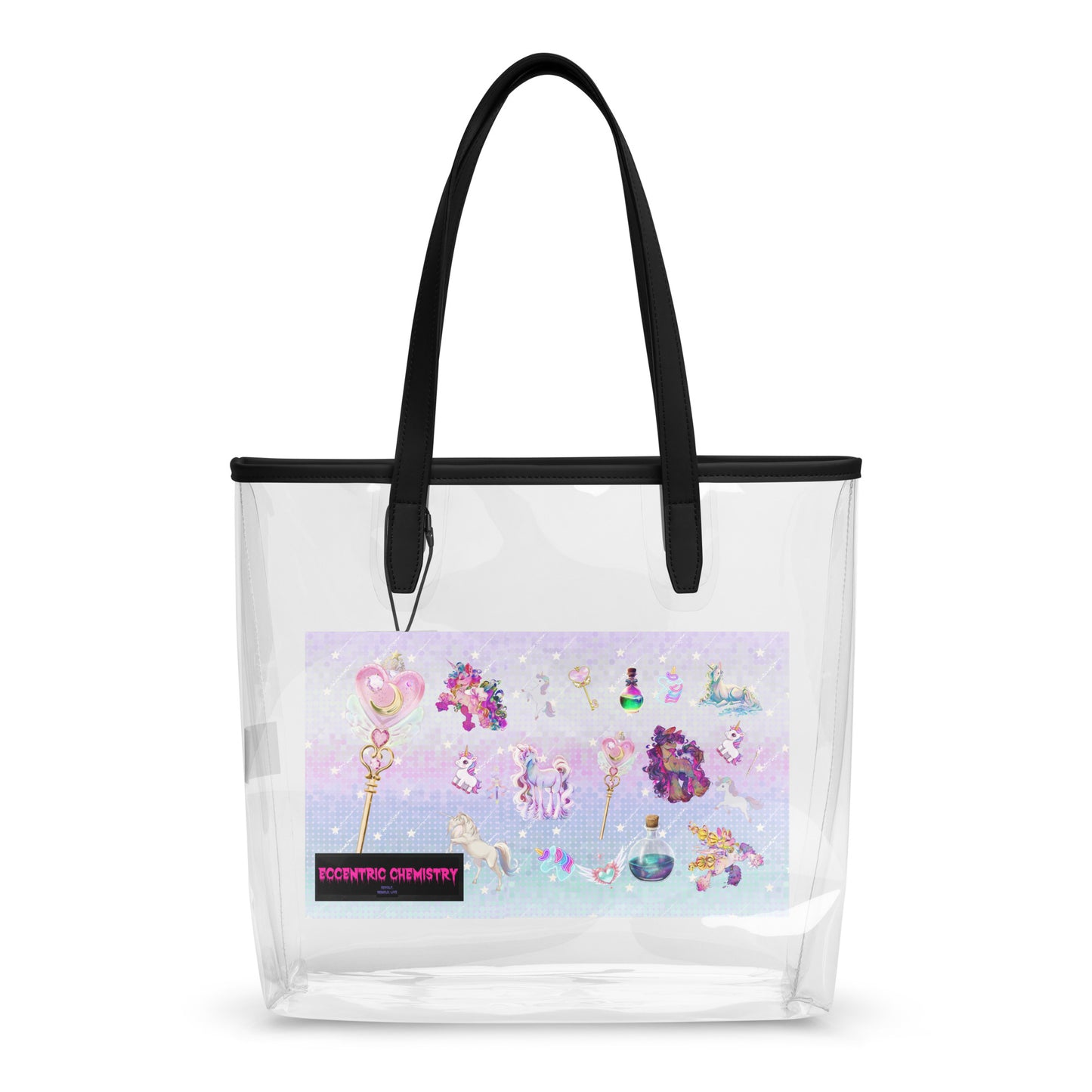 Clear tote bag with unicorn and stardust design, made by Eccentric Chemistry’s Laboratory of Strange & Stylish Things, transparent and stylish.