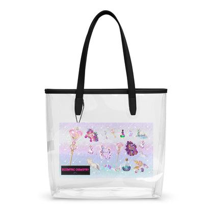 Clear tote bag with unicorn and stardust design, made by Eccentric Chemistry’s Laboratory of Strange & Stylish Things, transparent and stylish.