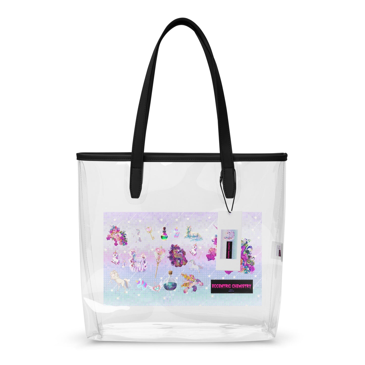 Clear tote bag with unicorn and stardust design, transparent decor by Eccentric Chemistry's Laboratory of Strange & Stylish Things.