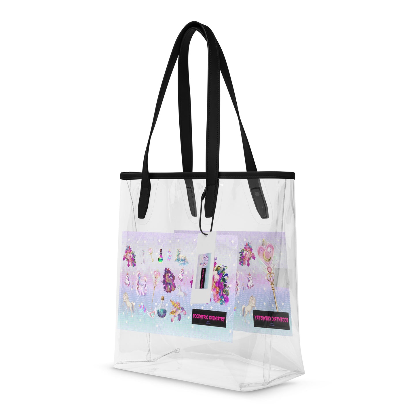 Clear tote bag with unicorn and stardust design, from Eccentric Chemistry’s Laboratory of Strange & Stylish Things, featuring transparent decor.