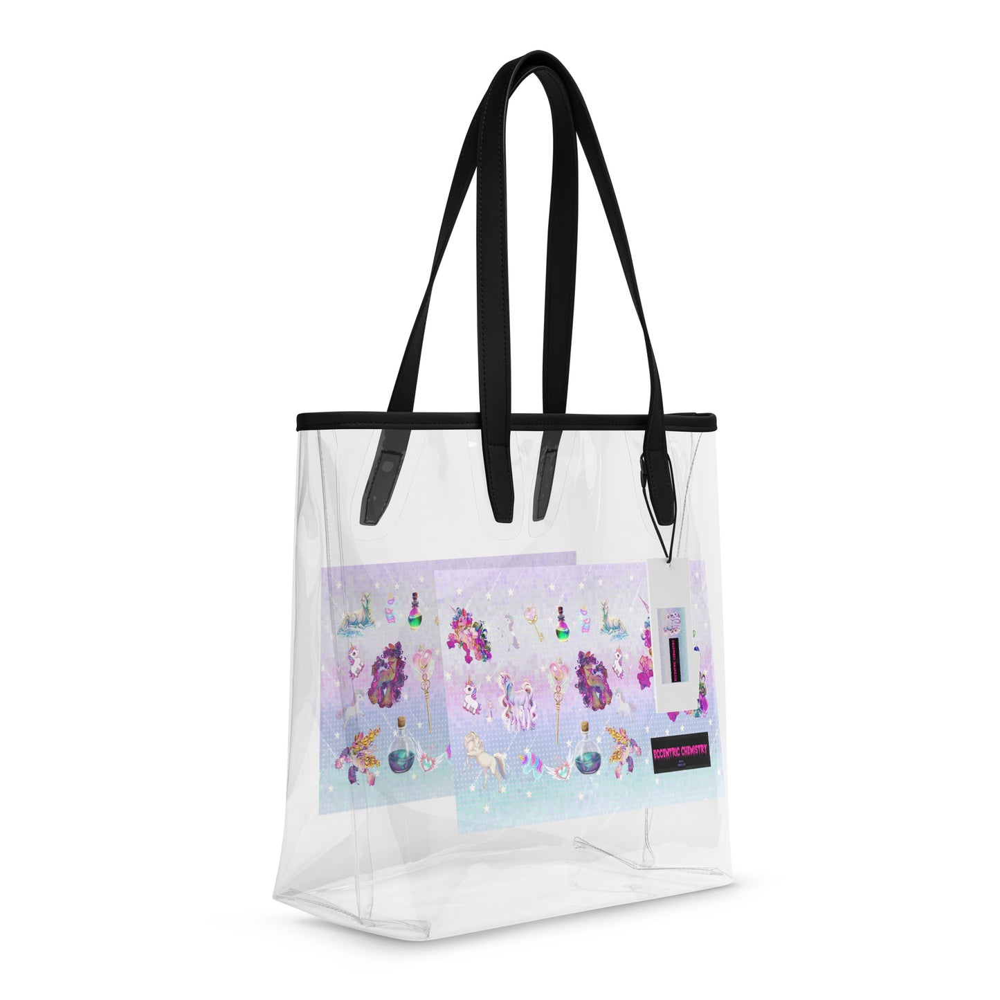 Clear tote bag with unicorn and stardust design, stylish decor by Eccentric Chemistry, transparent and lightweight for everyday use