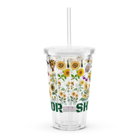 Clear 16 oz plastic tumbler with "Shine Warrior" Sunbeam Experiment design, double-wall insulation, from Eccentric Chemistry’s Drinkware collection.
