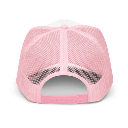 Light pink foam trucker hat with white front panel and adjustable back strap, featuring a playful, casual style.