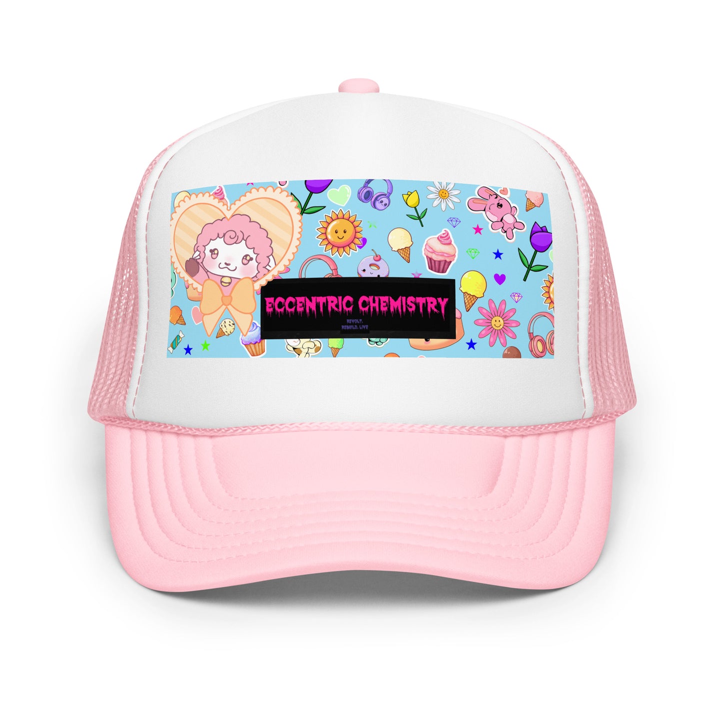 Light pink foam trucker hat with white front panel featuring a playful cupcake and lamb design, casual and fun style.