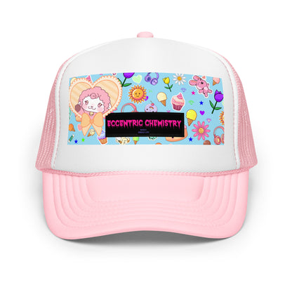 Light pink foam trucker hat with white front panel featuring a playful cupcake and lamb design, casual and fun style.
