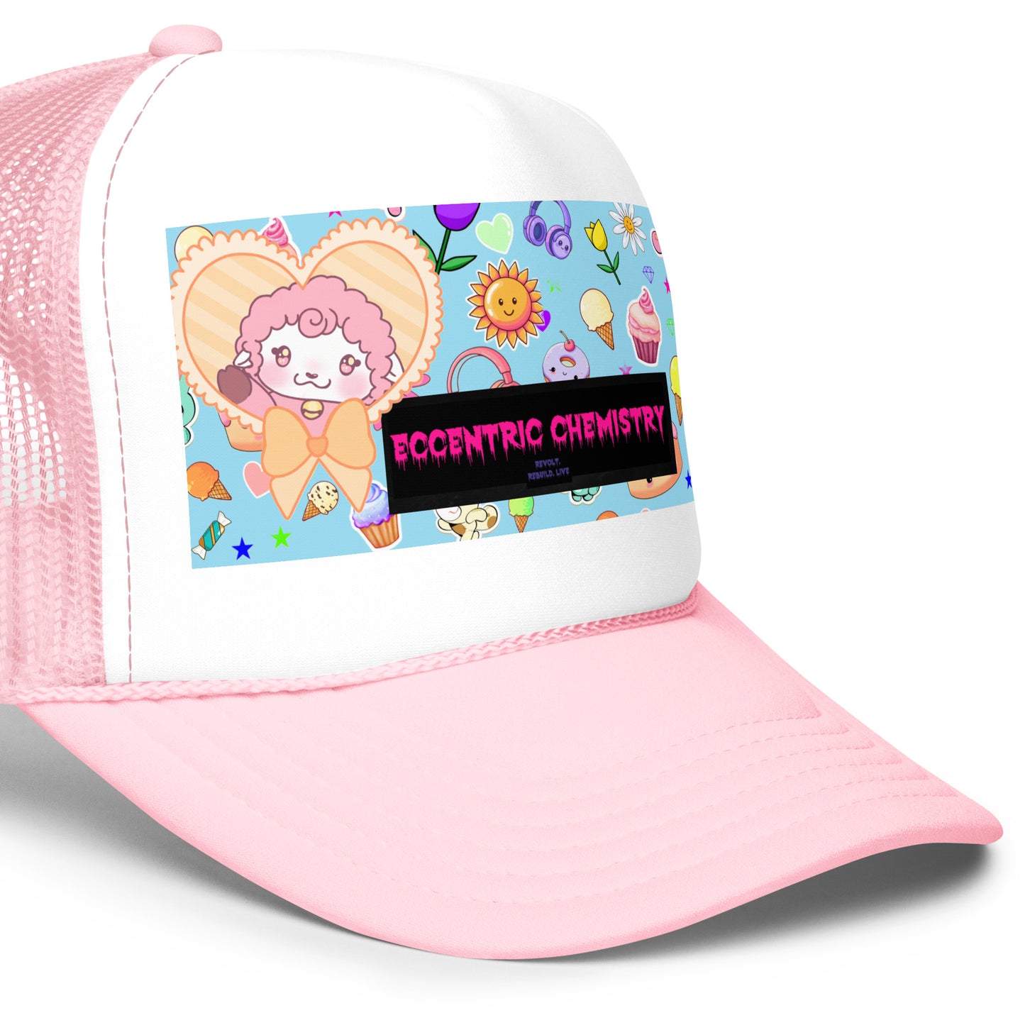 Light pink foam trucker hat with white accents, featuring a playful cupcake-lamb design from Eccentric Chemistry's Tiny Shop of T-Shirt Horrors.