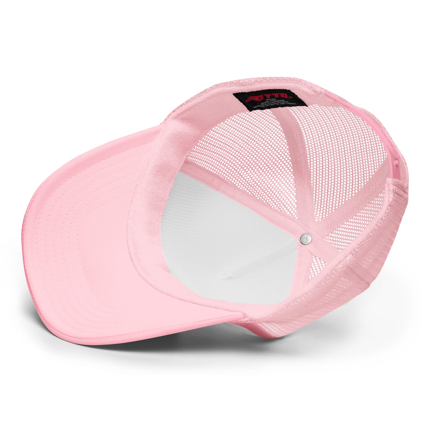 Light pink foam trucker hat with white accents and cupcake-lamb logo, featuring a playful and whimsical design from Eccentric Chemistry.