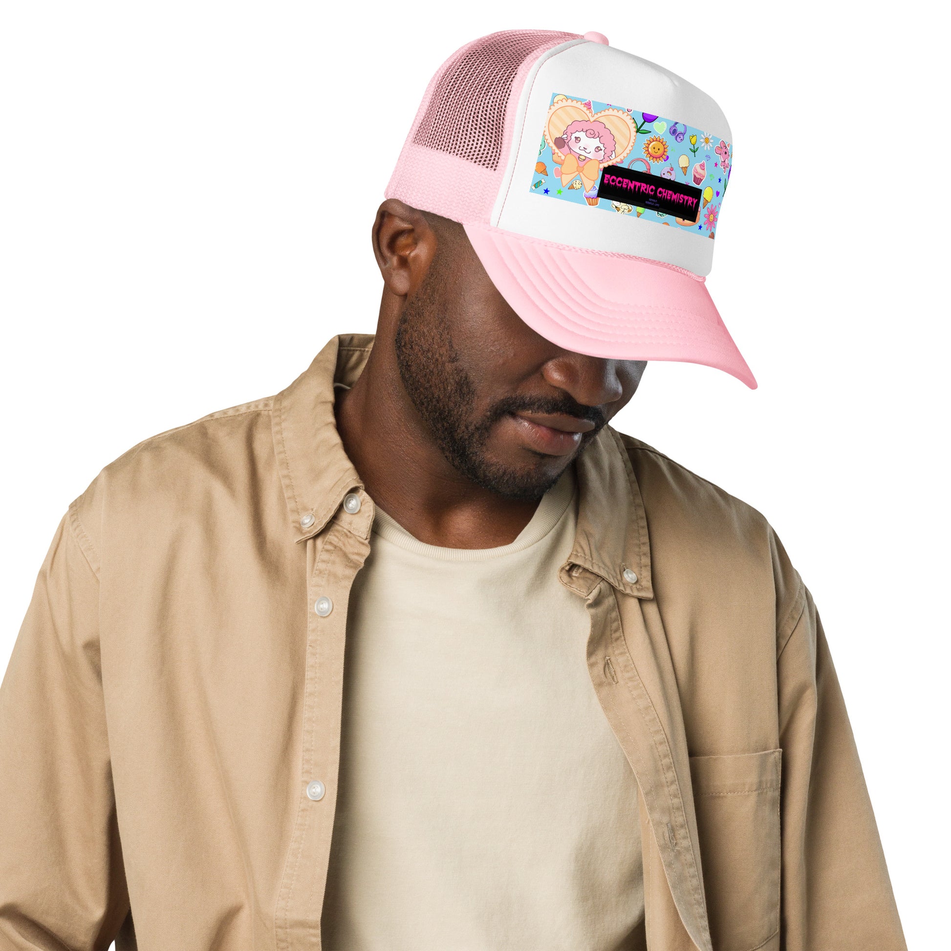 Light pink foam trucker hat with white accents, featuring a rounded front panel and adjustable strap, right front view.