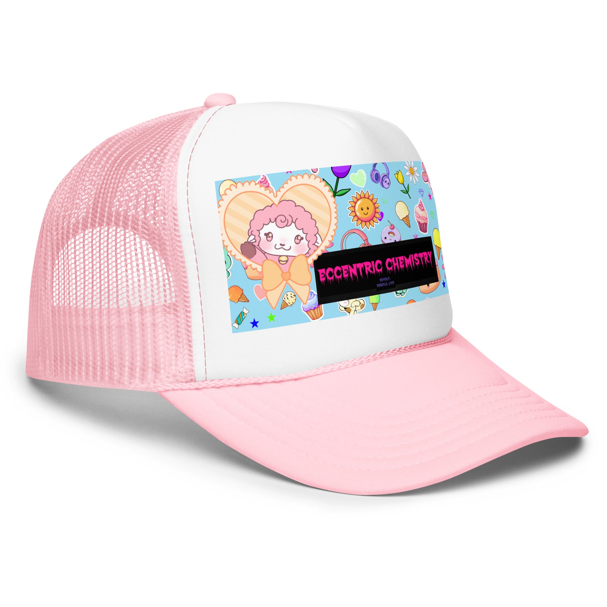 Light pink and white foam trucker hat featuring a playful cupcake-lamb design, worn on a model's right front view.