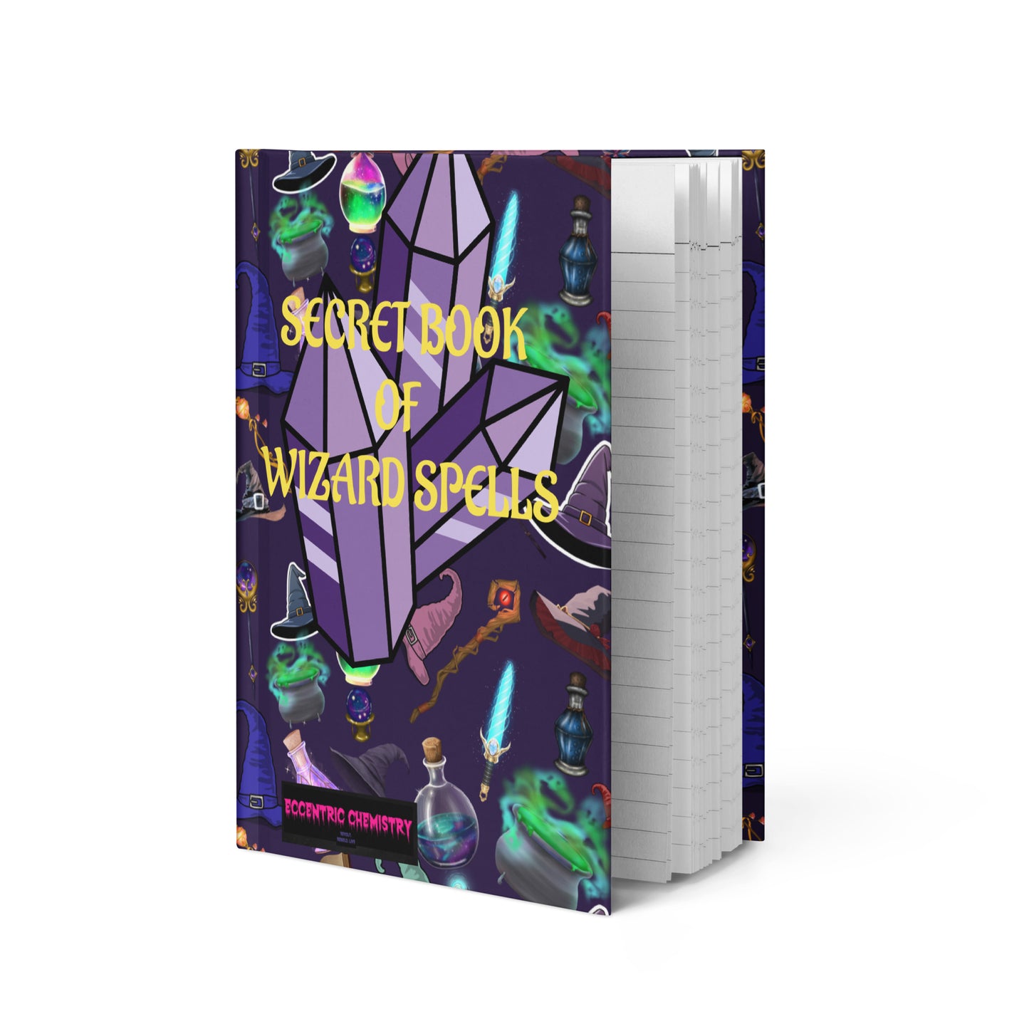 Matte white hardcover journal postcard from Eccentric Chemistry's Laboratory of Strange & Stylish Things featuring secret spell archive design.