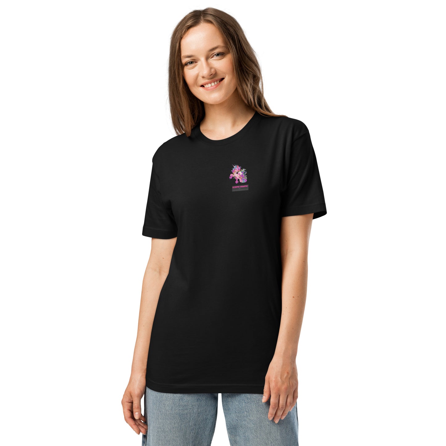 Black unisex fine jersey T-shirt featuring a Hornspark Dreamwave Experiment design from Eccentric Chemistry's Laboratory of Strange & Stylish Things.