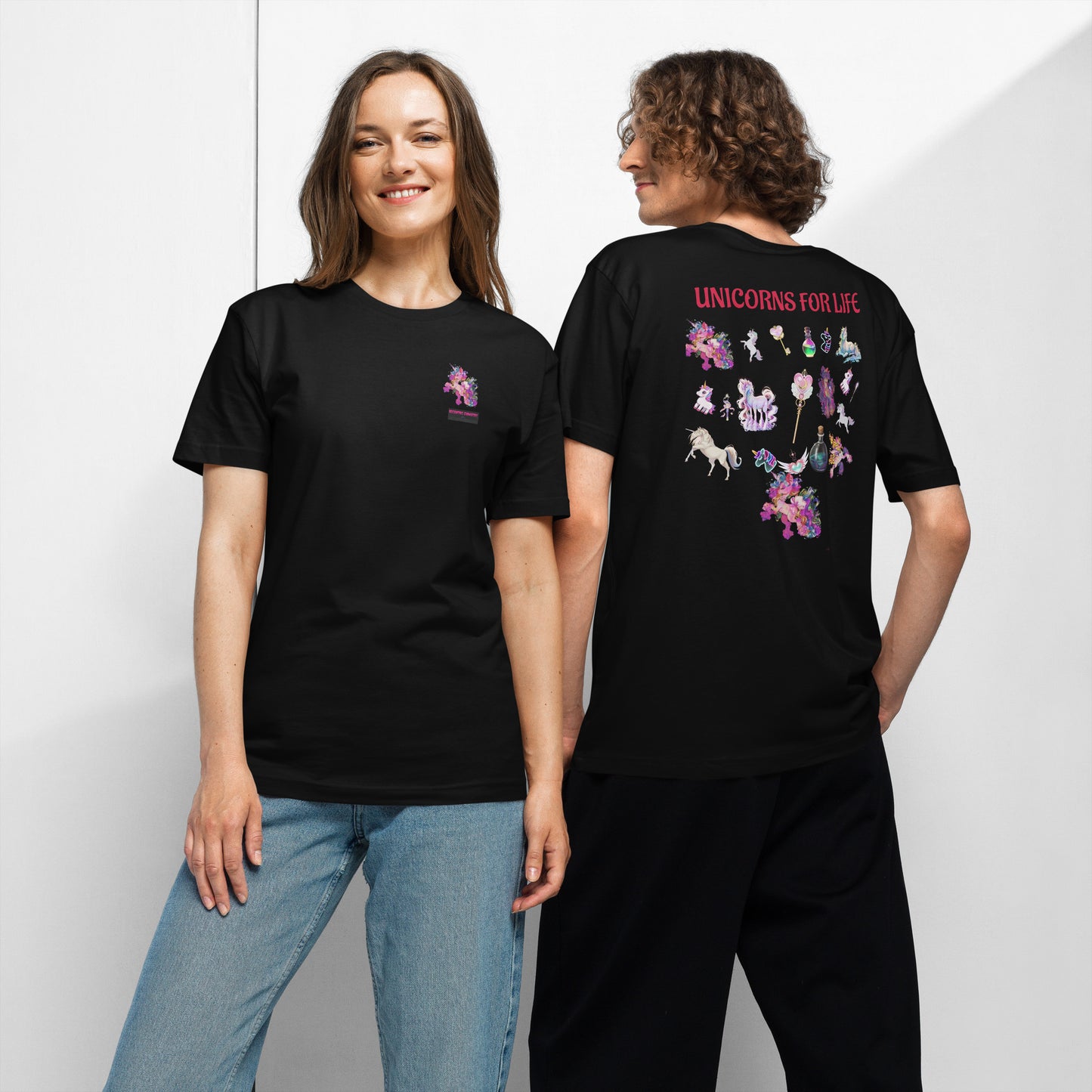 Unisex black fine jersey T-shirt by Eccentric Chemistry with Dreamwave Experiment design, front and back views.