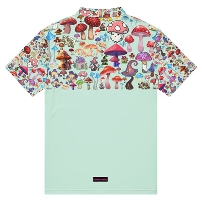 Men's slim-fit polo shirt with mint mushroom forager print, featuring all-over mushroom design on a white background.