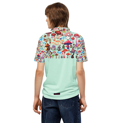 Men’s slim-fit polo shirt with all-over mint mushroom print from Eccentric Chemistry’s Laboratory of Strange & Stylish Things.