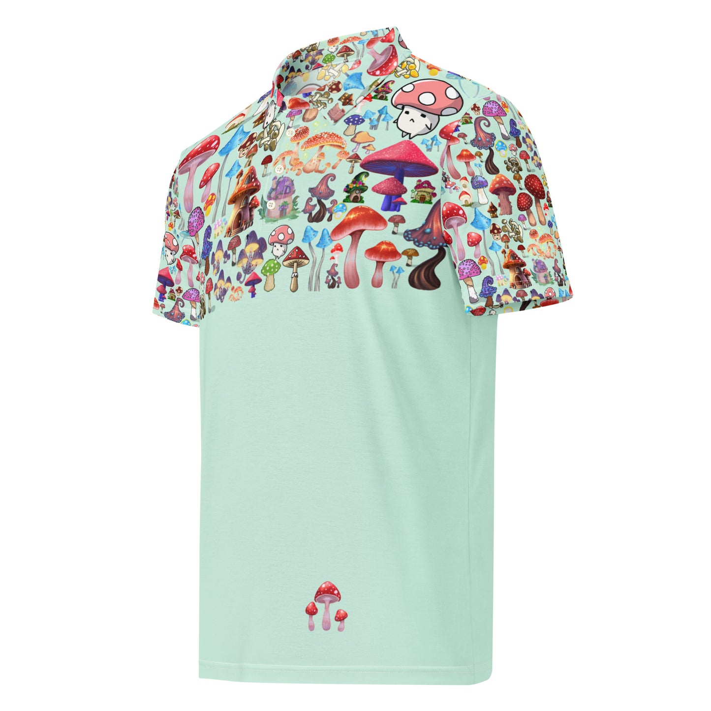 Men’s slim-fit polo shirt with mint mushroom forager print by Eccentric Chemistry, featuring all-over mushroom pattern on white fabric.