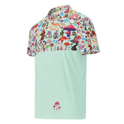 Men’s slim-fit polo shirt with mint mushroom forager print by Eccentric Chemistry, featuring all-over mushroom pattern on white fabric.