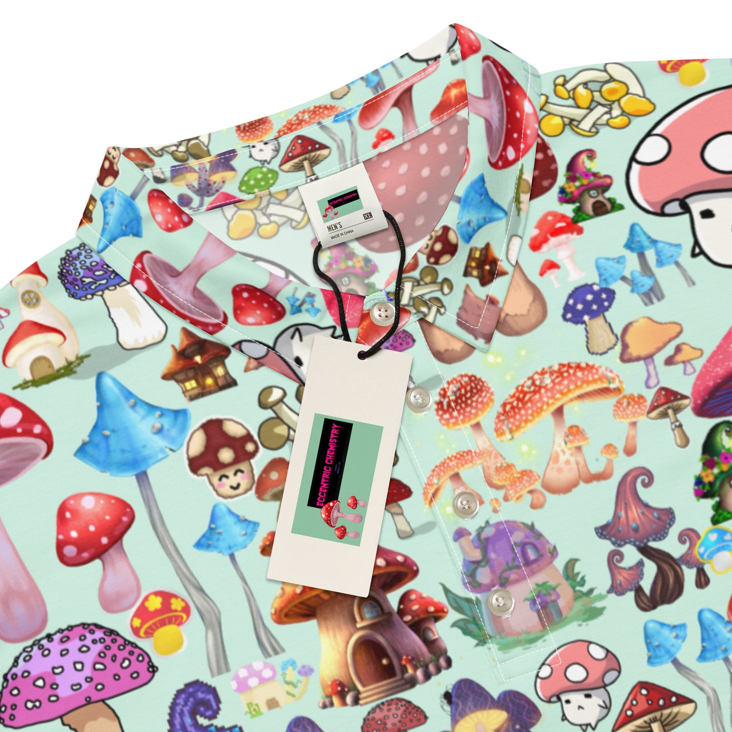 Men’s slim-fit polo shirt with mint mushroom forager print by Eccentric Chemistry, featuring all-over mushroom pattern on white fabric.