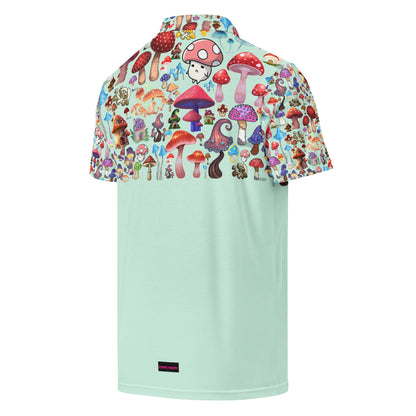 Men’s slim-fit polo shirt with mint mushroom print, featuring all-over design from Eccentric Chemistry’s Laboratory of Strange & Stylish Things.