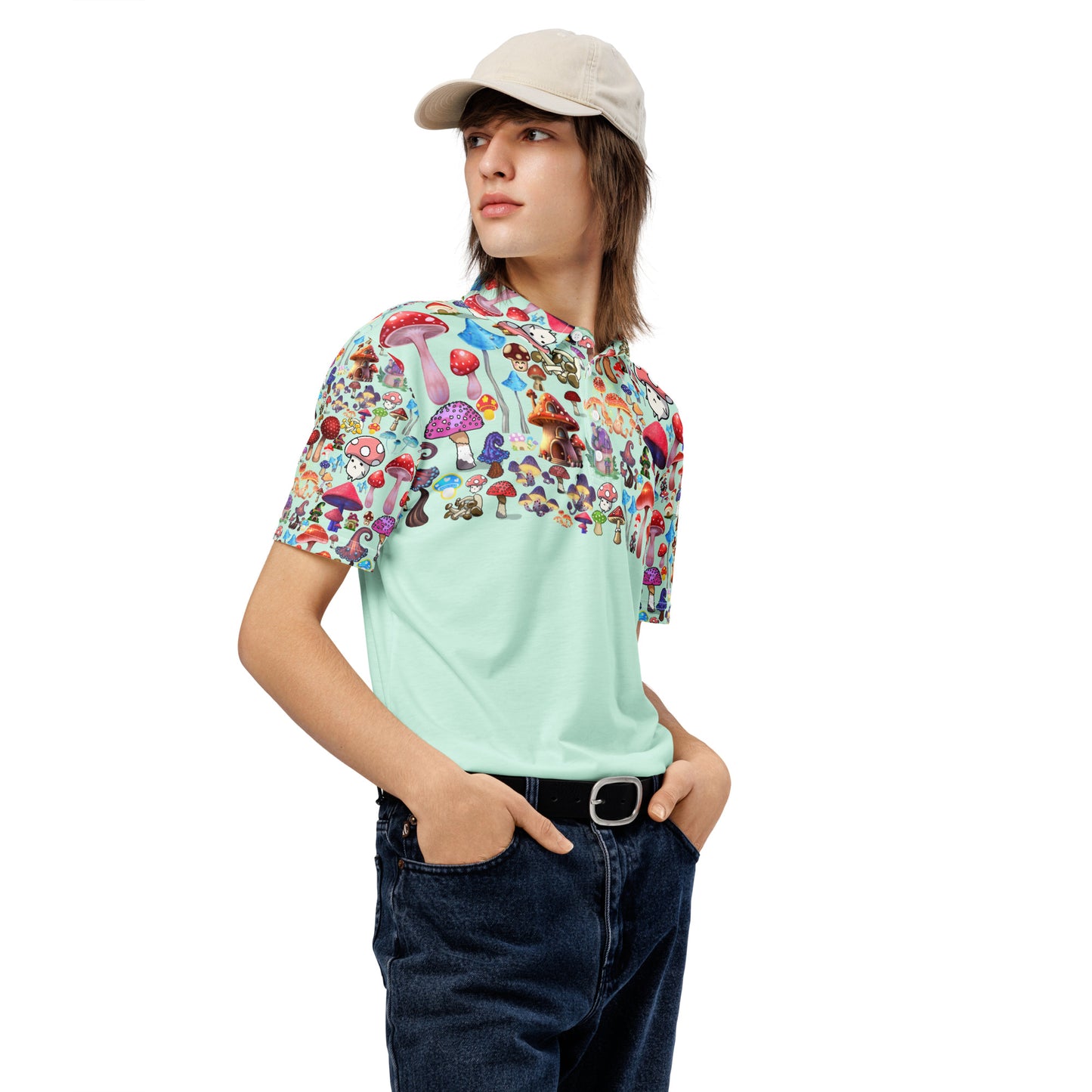 Men’s slim-fit polo shirt with mint mushroom forager print from Eccentric Chemistry’s Laboratory of Strange & Stylish Things, front view.