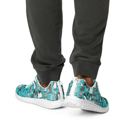 Men’s white athletic shoes from Happy Feet Penguin Experiment by Eccentric Chemistry, shown from the back view.