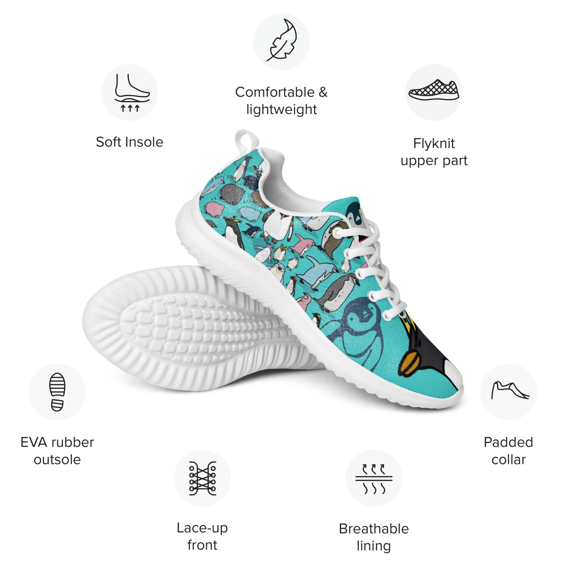 Men’s white athletic shoes from Happy Feet Penguin Experiment by Eccentric Chemistry, shown from the front view with stylish design.