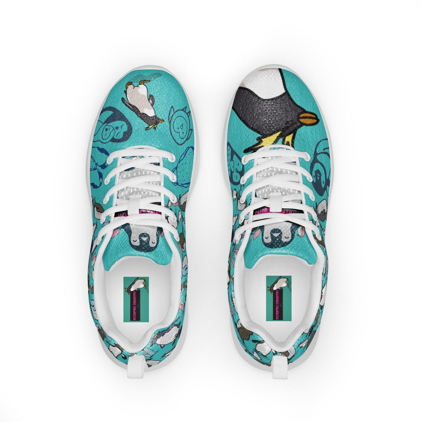 Men’s white athletic shoes from Eccentric Chemistry’s Happy Feet Penguin Experiment, featuring sleek design and comfortable fit.