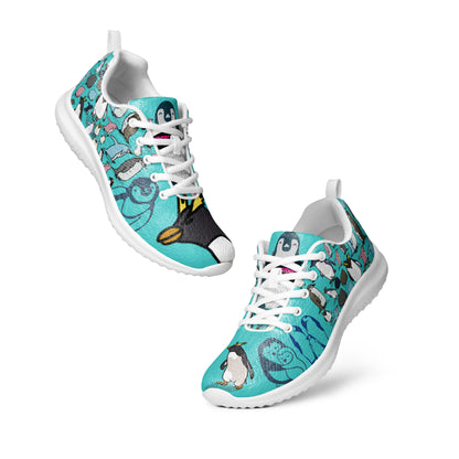 Men’s white athletic shoes from Happy Feet Penguin Experiment by Eccentric Chemistry featuring sleek design and comfortable fit.