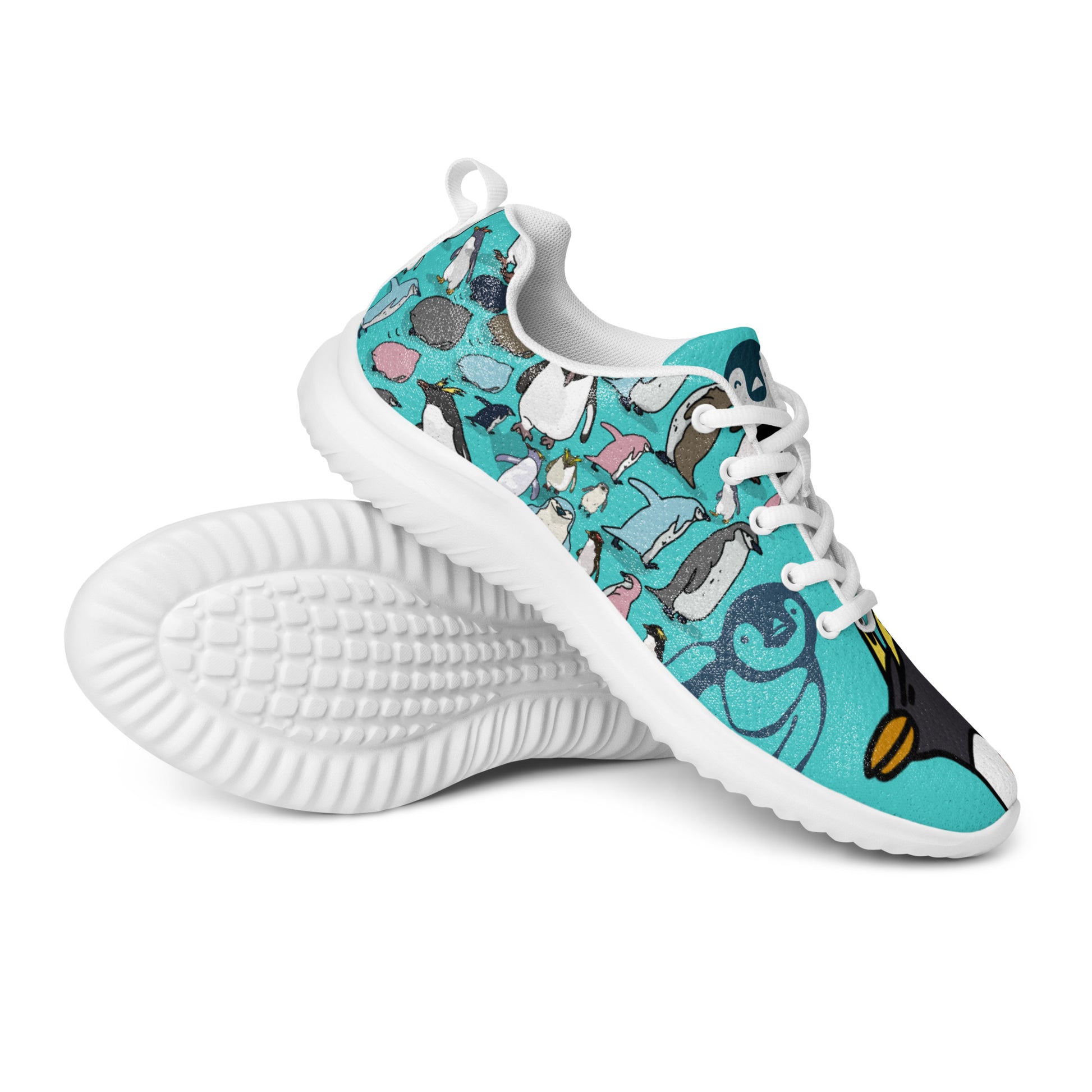 Men’s white athletic shoes from Happy Feet Penguin Experiment by Eccentric Chemistry with a sleek design and sporty appearance.