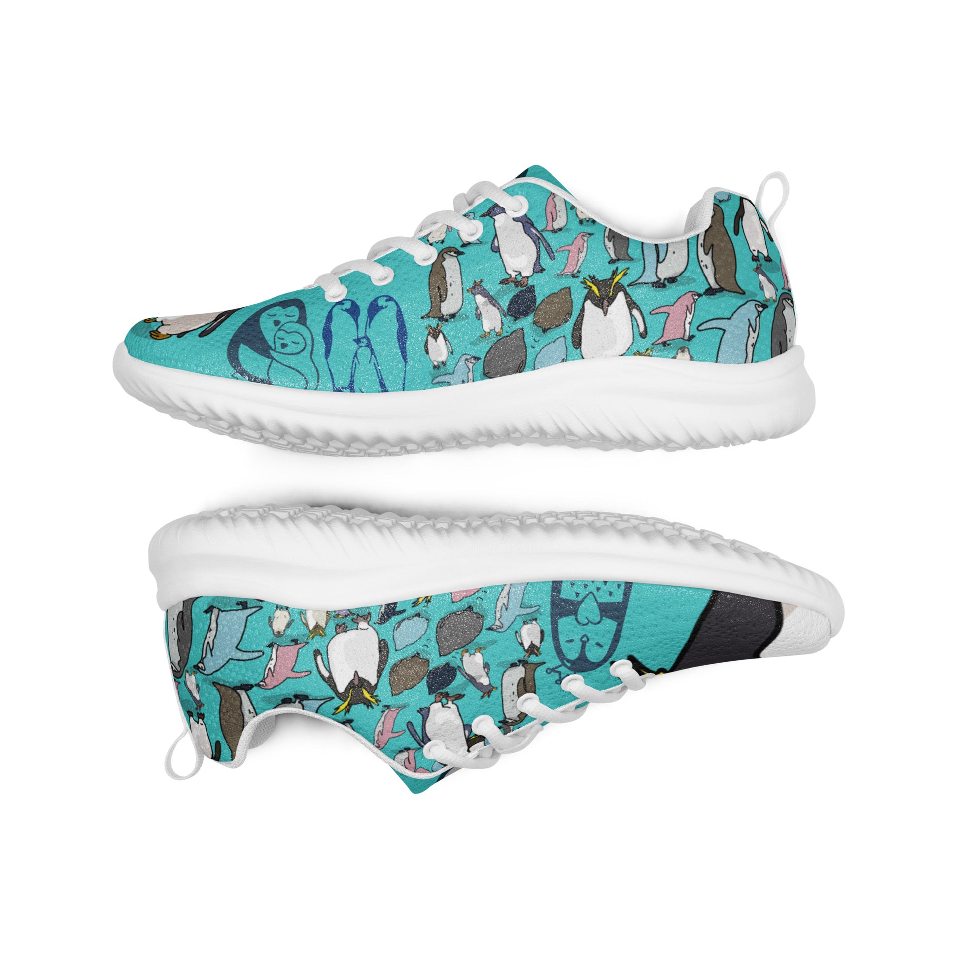 Men’s white athletic shoes from Eccentric Chemistry’s Happy Feet Penguin Experiment collection, featuring a sleek front view.