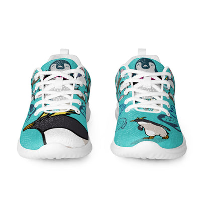 Men’s white athletic shoes from Happy Feet Penguin Experiment by Eccentric Chemistry featuring sleek design and comfortable fit.
