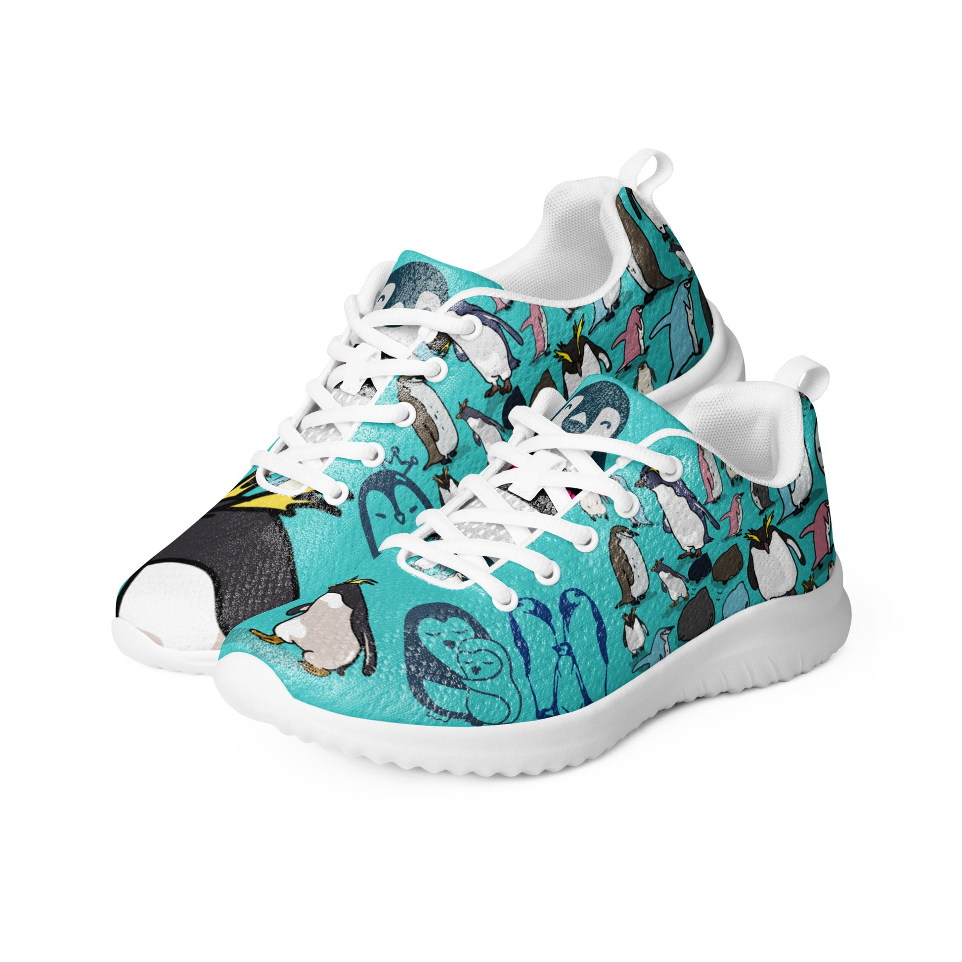 Men’s white athletic shoes from Happy Feet Penguin Experiment by Eccentric Chemistry, shown from the front left angle.
