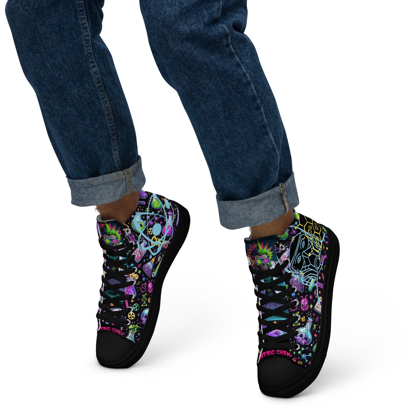 Black Chem‑Skull Reactor Unit HT‑4.3 high-top canvas shoes for men, featuring hazard-core design and bold industrial style.