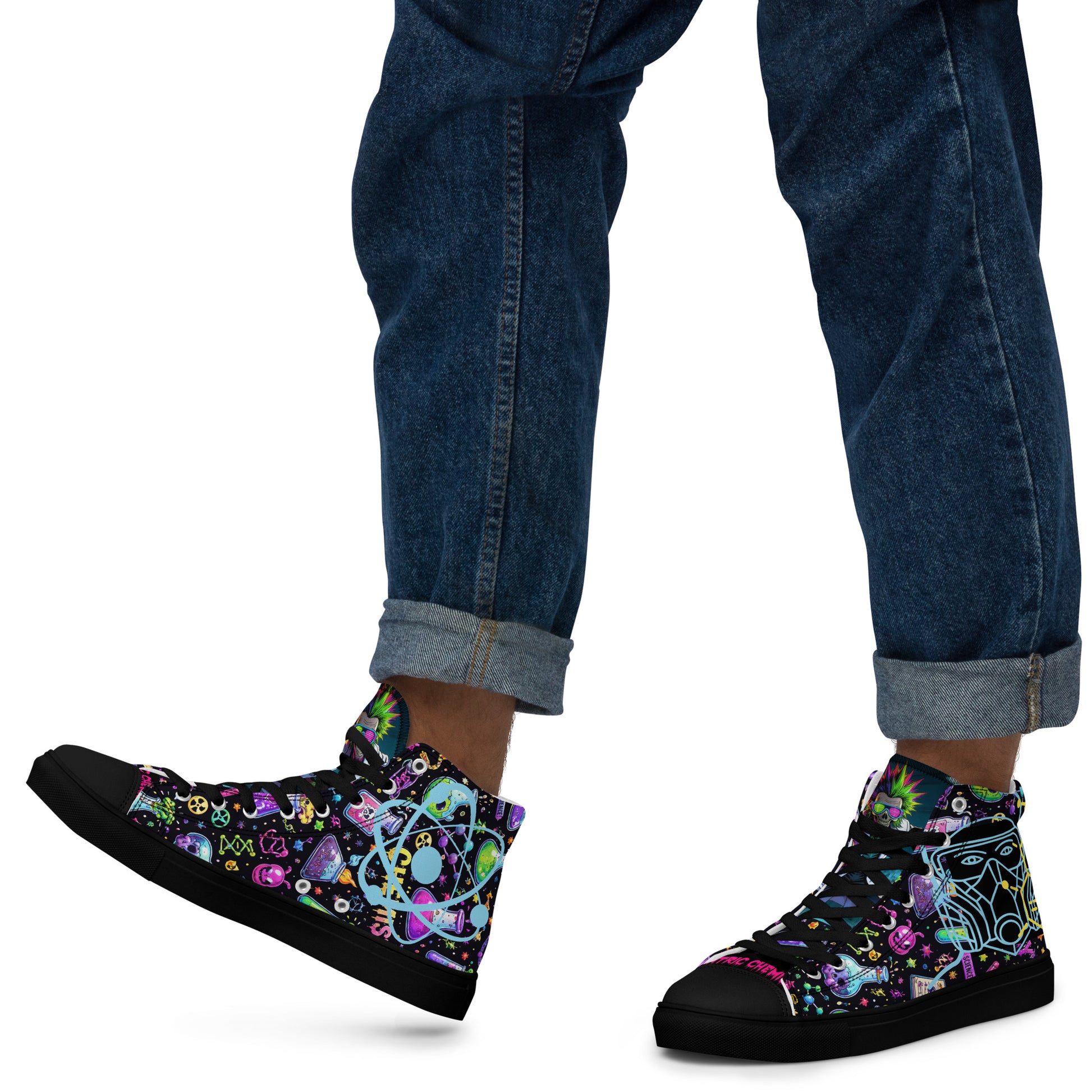 Black men's high-top canvas shoes from Eccentric Chemistry's Chem‑Skull Reactor Unit HT‑4.3 Hazard‑Core collection, left shoe visible.