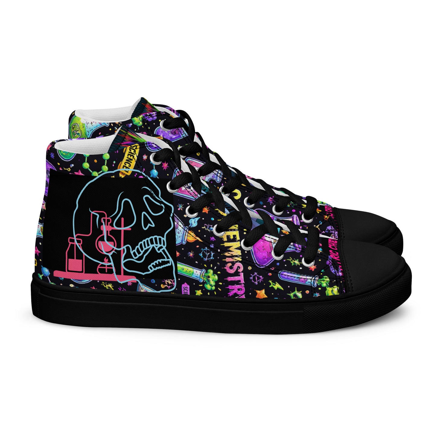 Black men's high-top canvas shoes from Chem-Skull Reactor Unit HT-4.3 Hazard-Core collection by Eccentric Chemistry's Tiny Shop of T-Shirt Horrors.