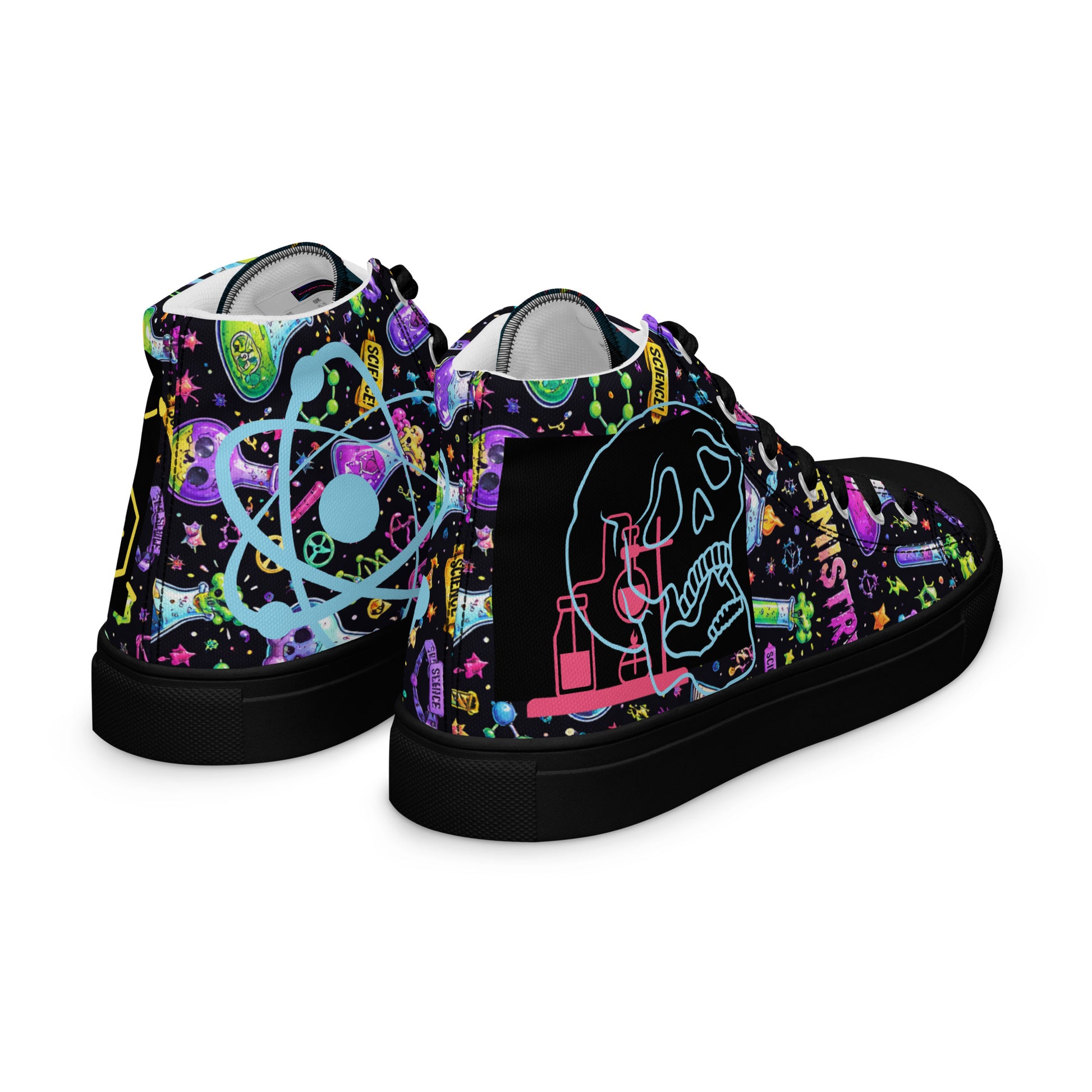 Black men's high-top canvas shoes from the Chem‑Skull Reactor Unit HT‑4.3 Hazard‑Core High‑Top Shoes collection, shown from the right back angle.