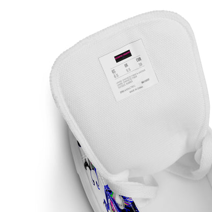 Men’s white high-top canvas shoes with paint-splash design by Eccentric Chemistry’s Tiny Shop of T-Shirt Horrors.