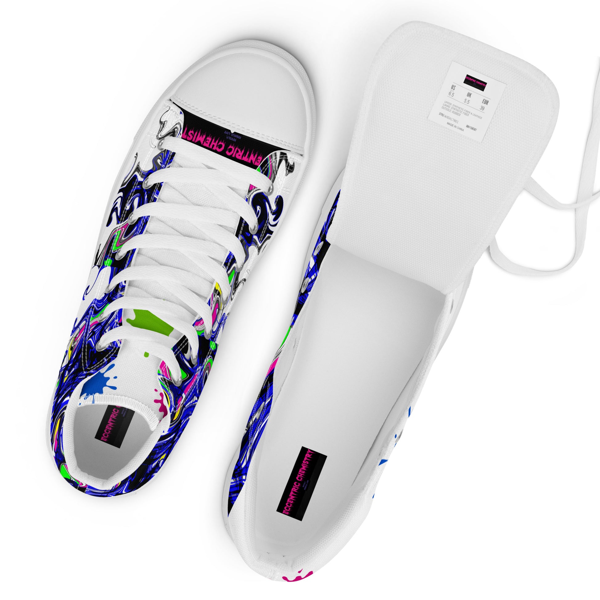 White men's high-top canvas shoes with colorful paint-splash design from Eccentric Chemistry's Outfit Maker collection.