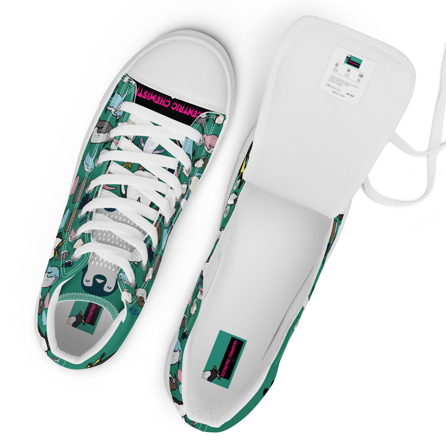 Men’s green high-top canvas shoes from Eccentric Chemistry’s Laboratory of Strange & Stylish Things, featuring white branding details.
