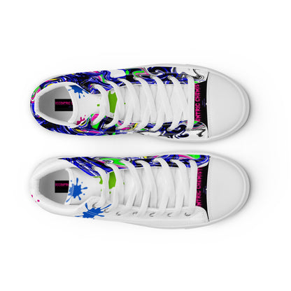 Men’s white high-top canvas shoes with paint-splash design, called "Outfit Maker" kicks by Eccentric Chemistry.